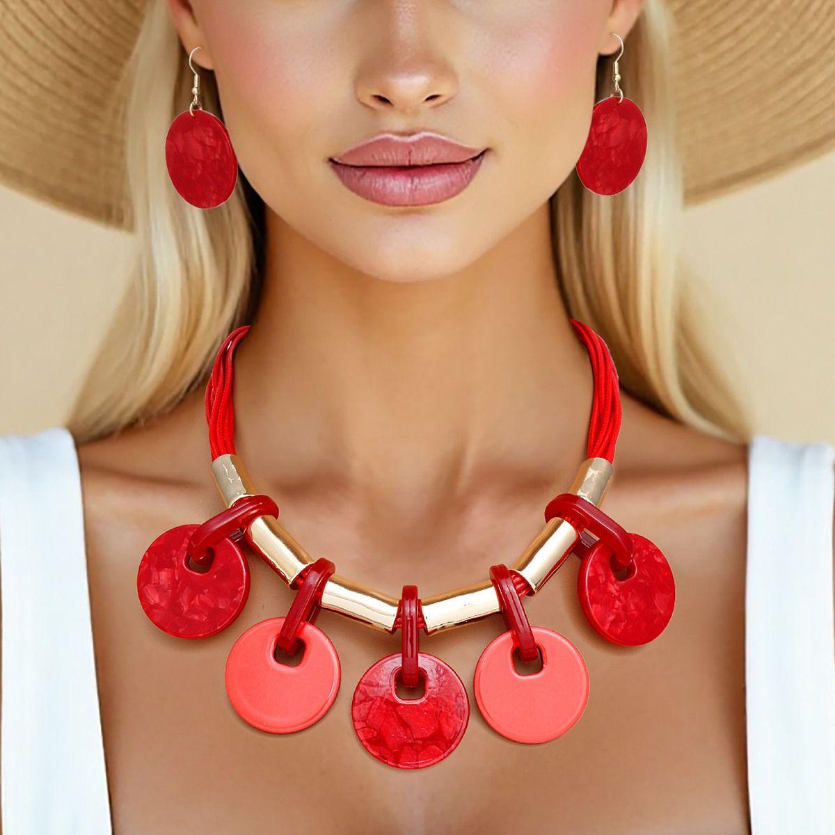Collar Marbled Red Disc Leather Cord Necklace