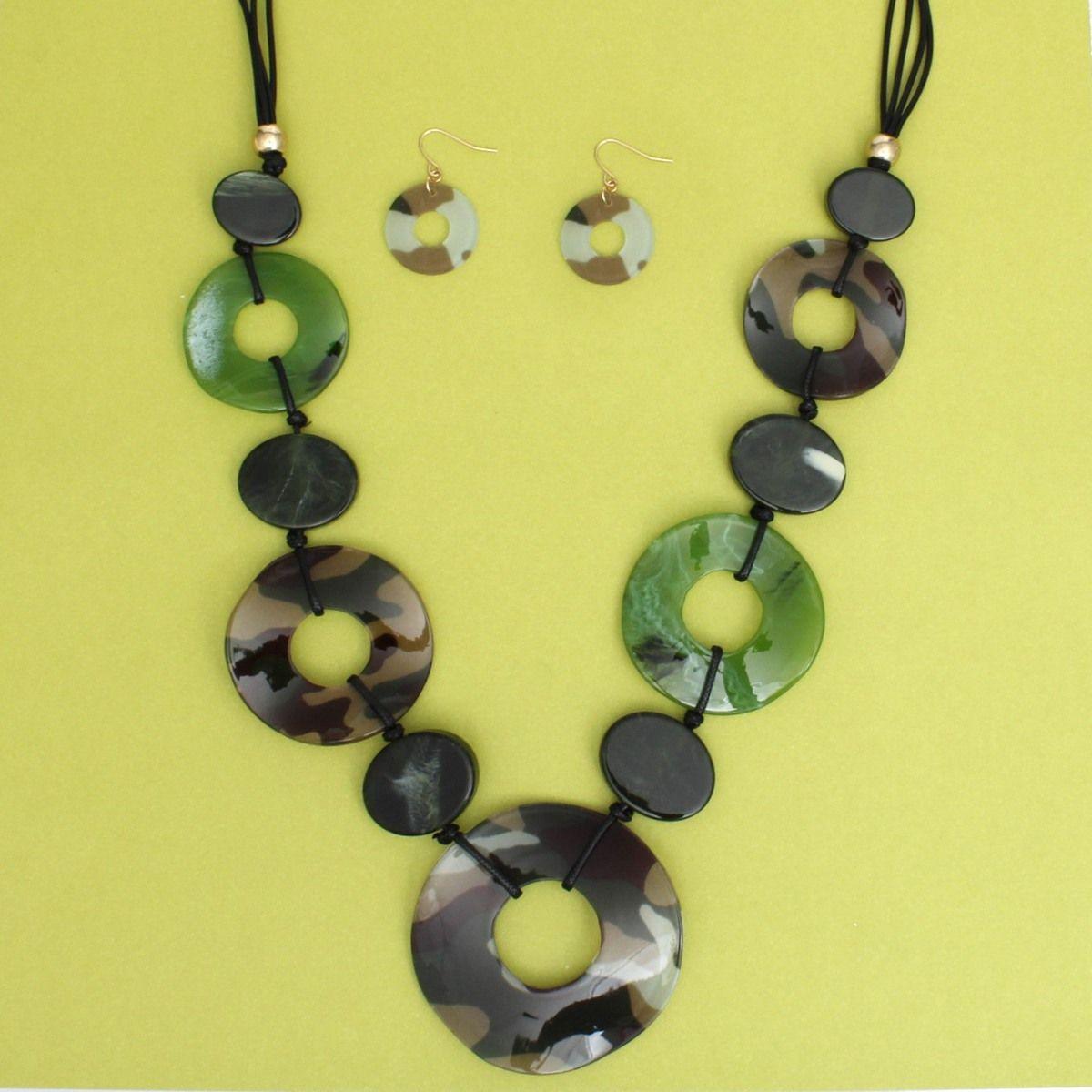 Long Linked Camouflage Rings Black Cord Necklace