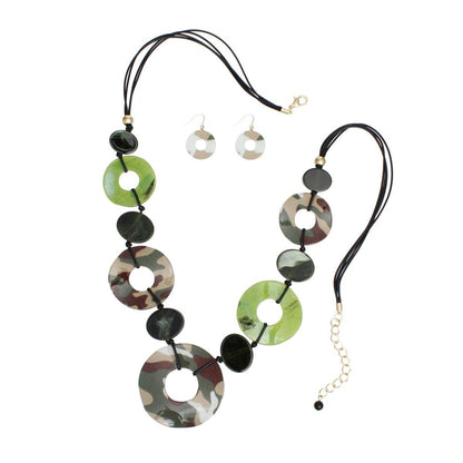 Long Linked Camouflage Rings Black Cord Necklace
