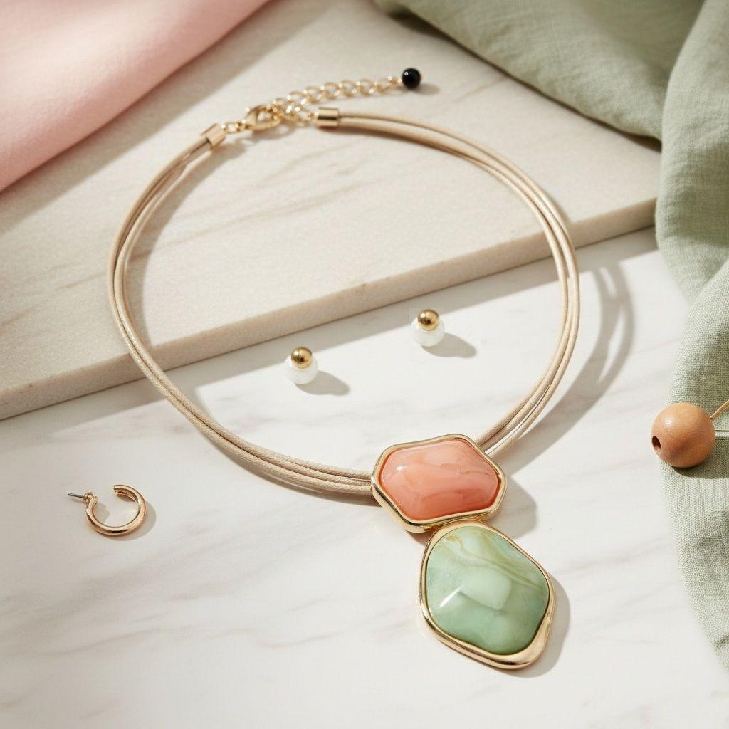 AKA Pink Green Dimensional Leather Necklace