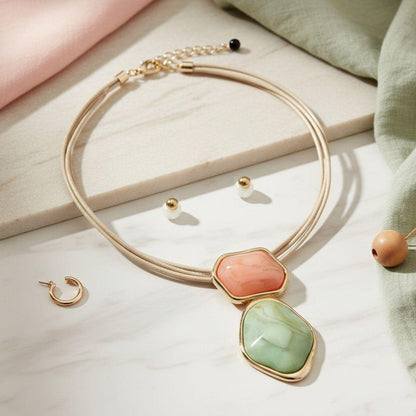 AKA Pink Green Dimensional Leather Necklace