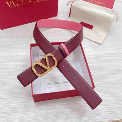 Valentino V logo Hammered Buckle Reversible Wide Signature Belt &