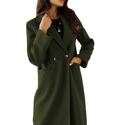 Womens Double Breasted Lapel Woolen Coat Solid Color Long Sleeve