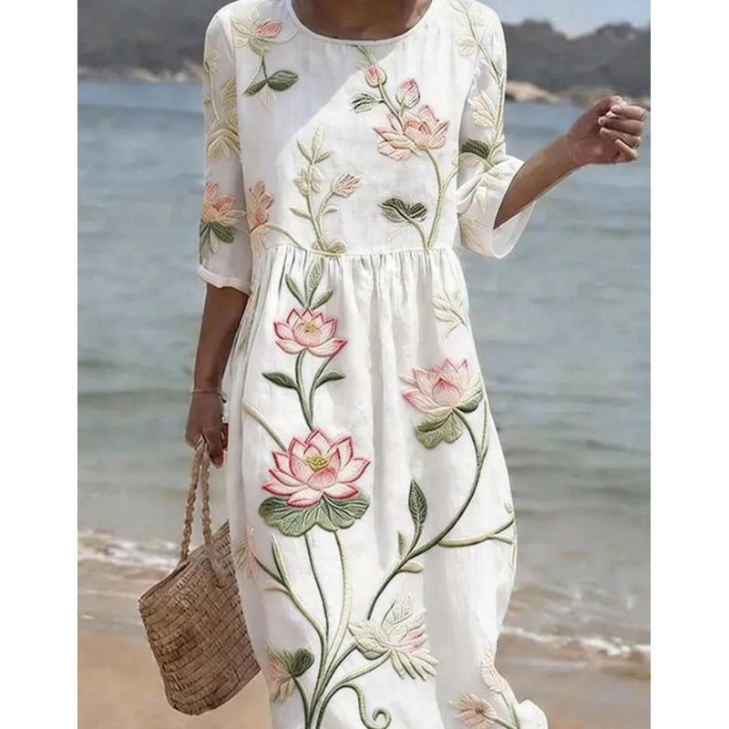 Womens V-Neck 3D Digital Print A-Line Midi Dress