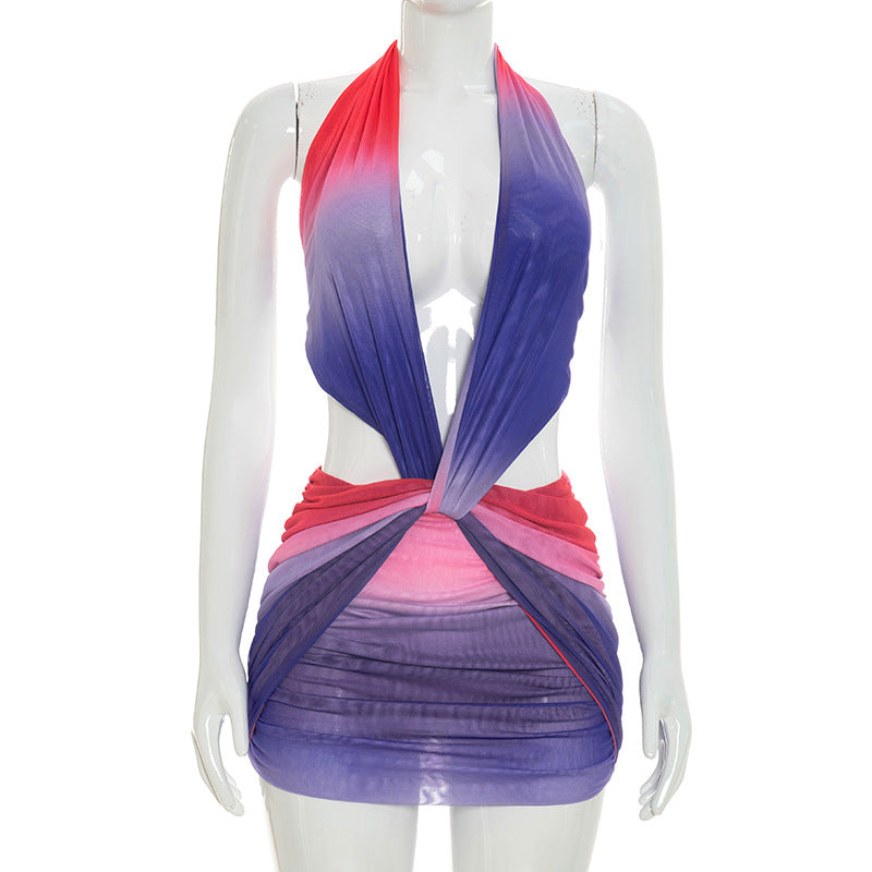 Gradient Print Halter Neck Backless Dress