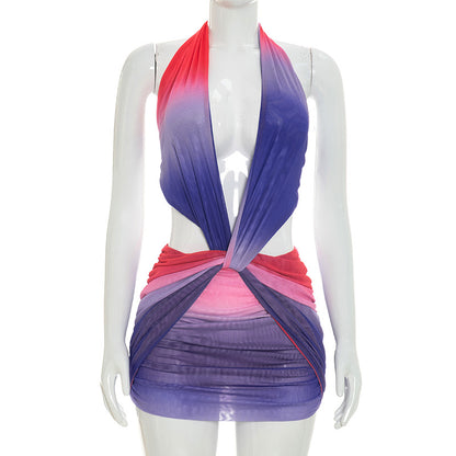 Gradient Print Halter Neck Backless Dress