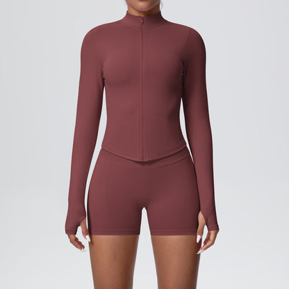 seamless solid color tight high elastic breathable zipper sports suit