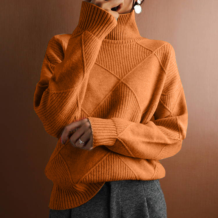 Womens High Neck Loose Fit Diamond Pattern Sweater