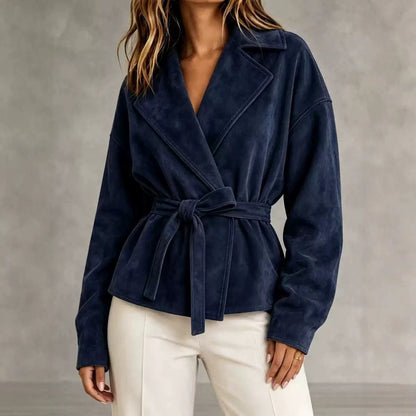 Lapel Suede Lace-Up Short Coat Loose Long Sleeve Jacket