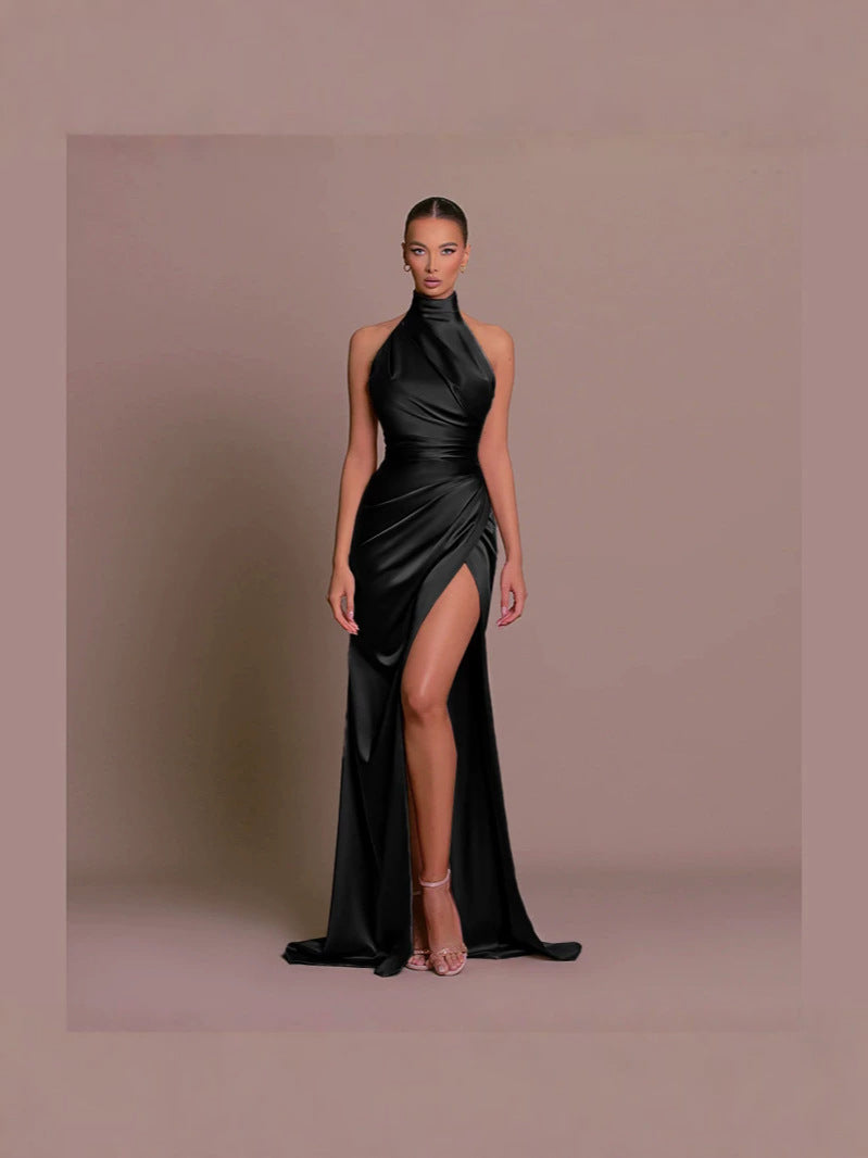 Neck-baring tight-fitting, waist-shrinking, slit-bottomed dress formal gown