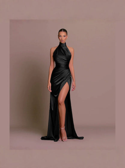 Neck-baring tight-fitting, waist-shrinking, slit-bottomed dress formal gown