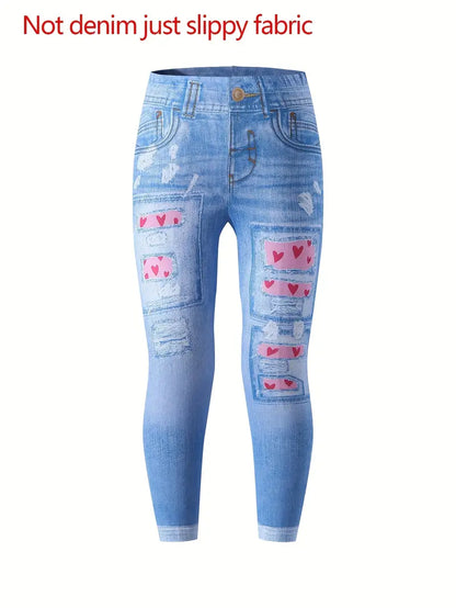 Girls All-Season Skinny Leggings - Chic Denim-Imitation Heart Pattern