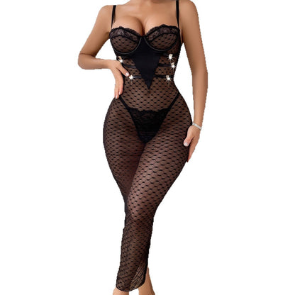 Sexy Intimates Sexy See-Through Heart Polka Dot Lace Long Skirt Tight Thong Women&