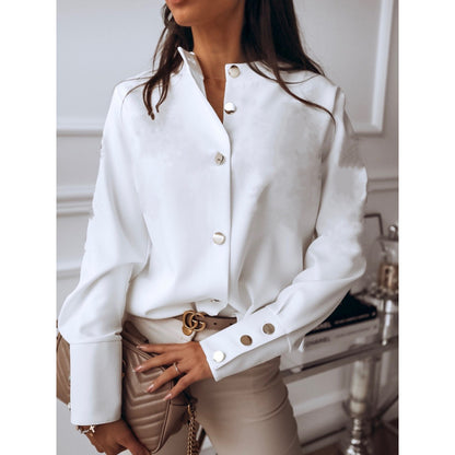 Womens Long Sleeve V-Neck Spliced Shirt with Metal Buttons