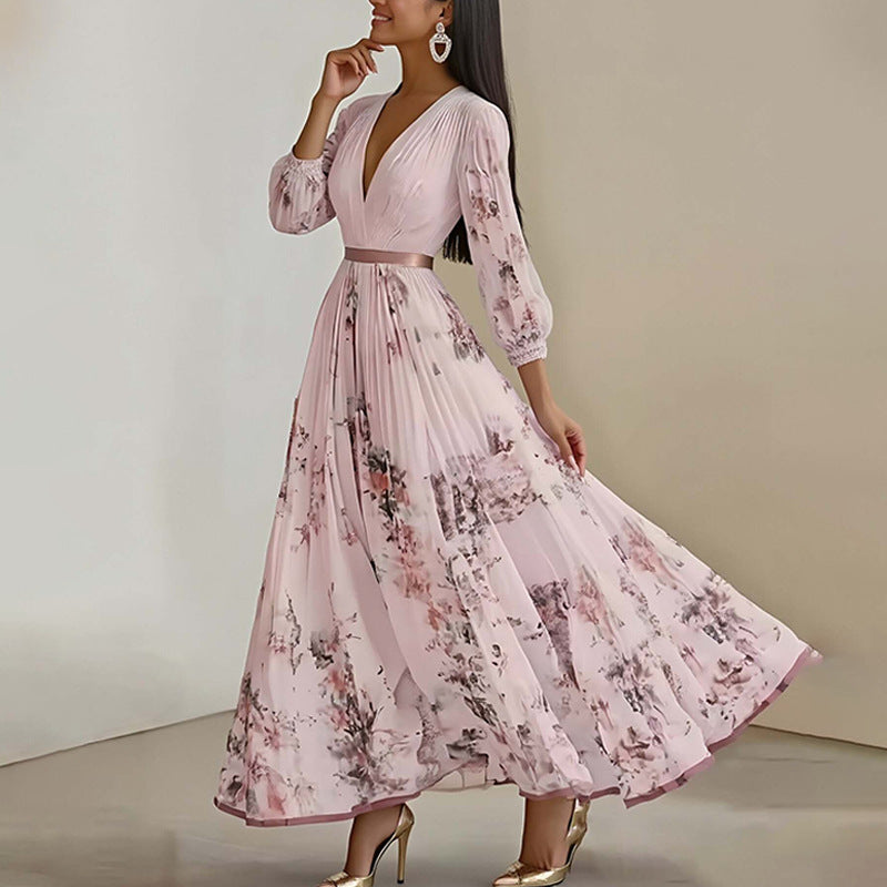 Floral Print V-Neck Pleated Dress