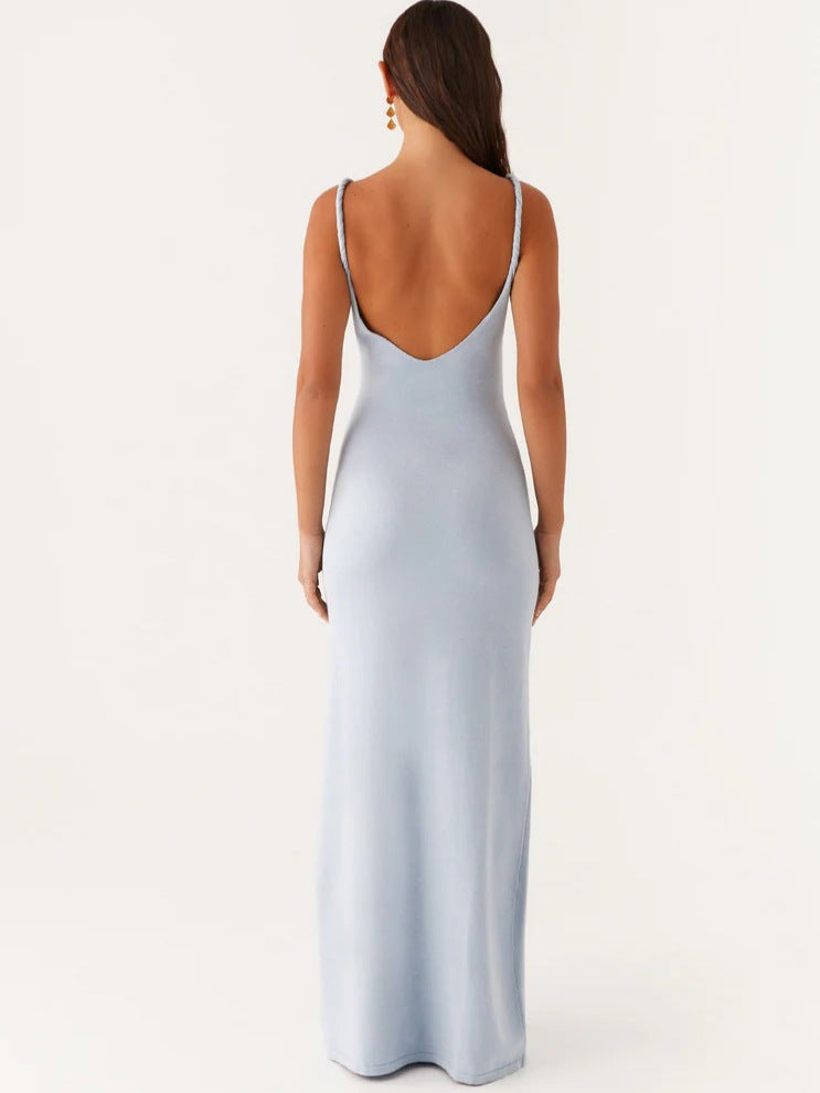 Deep V backless halter dress