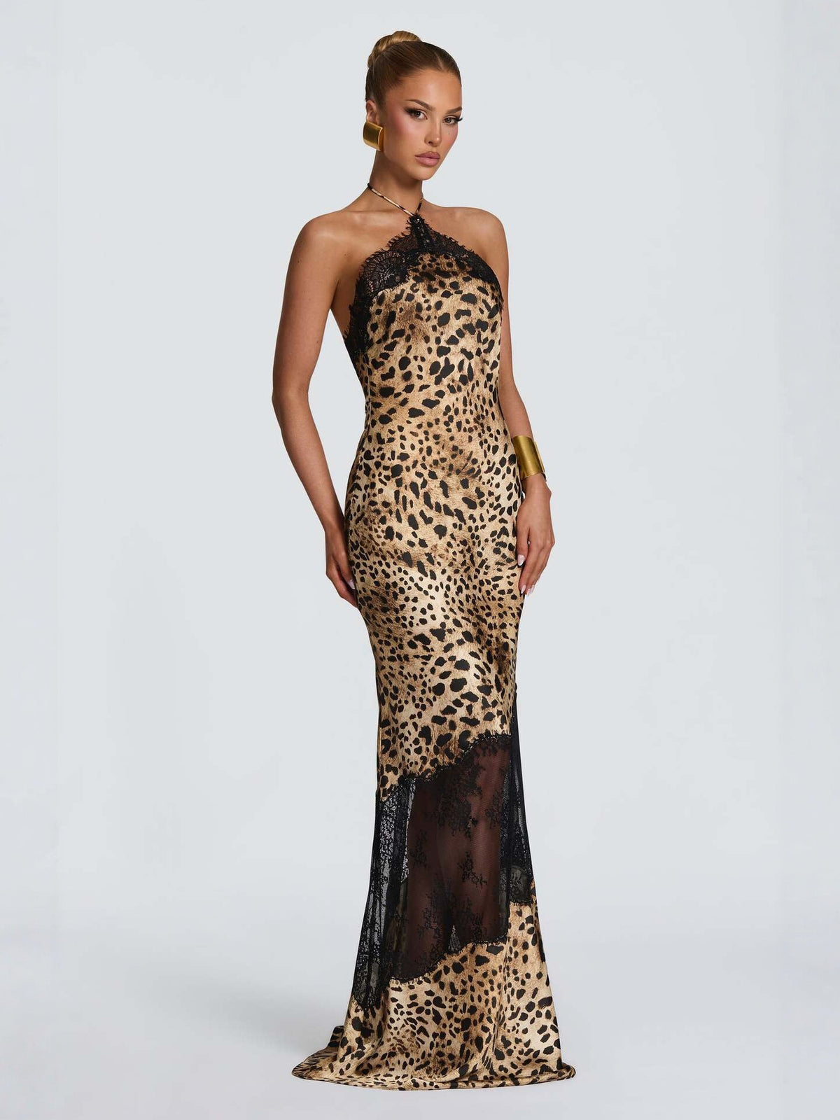Leopard Print Stitching Lace Deep V Strap Fishtail Dress