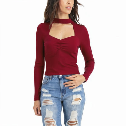 Juniors Almost Famous Mock Neck Cut Out Front Bust Ruched Blouse, Size Large