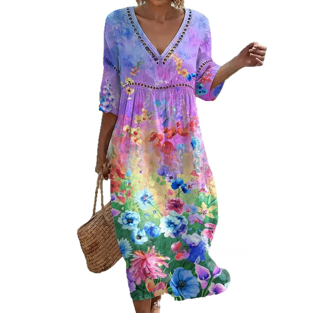 Women Summer Bohemian Lantern Sleeve Long Dress