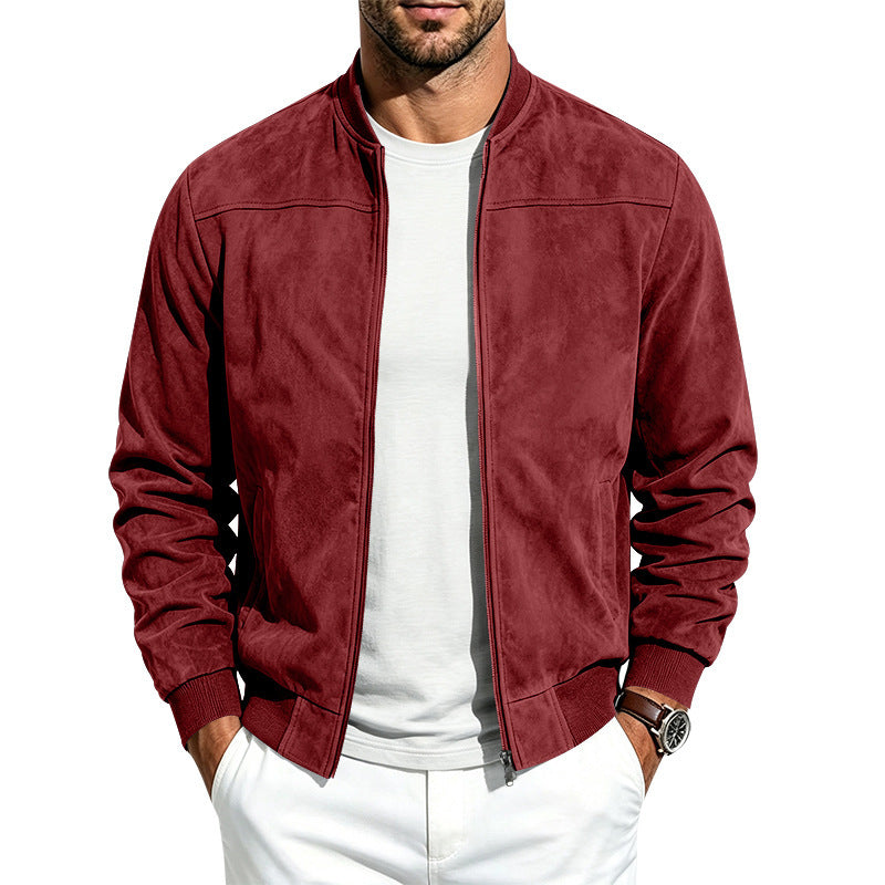Men Casual Suede Zip Up Jacket Long Sleeve Outerwear