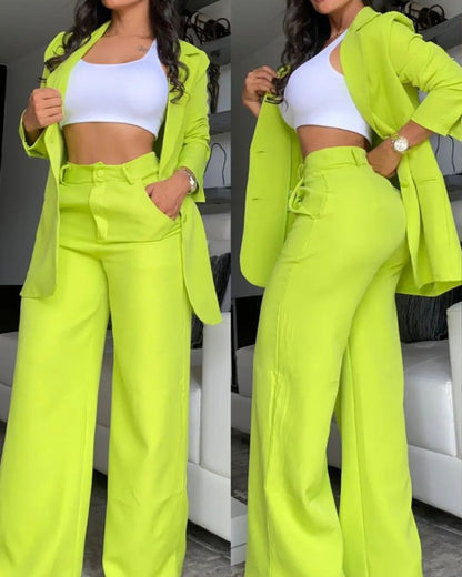 Elegant Solid Color Split Sleeve Lapel Blazer Straight Pants Suit