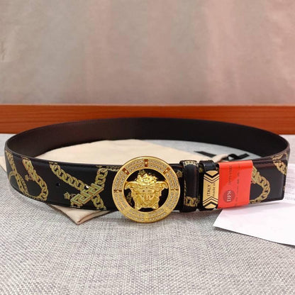 Versace Black Leather Vitello Belt Gold Medallion Buckle