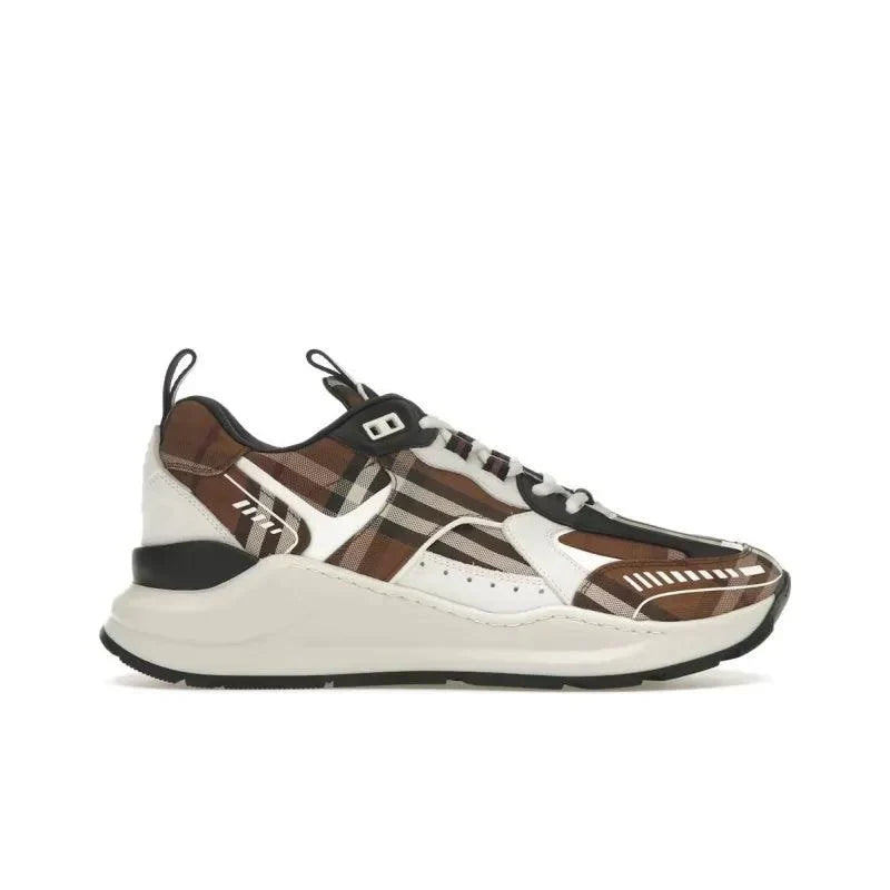 Burberry Vintage Check Cotton And Leather Sneakers Dark Birch Brown White