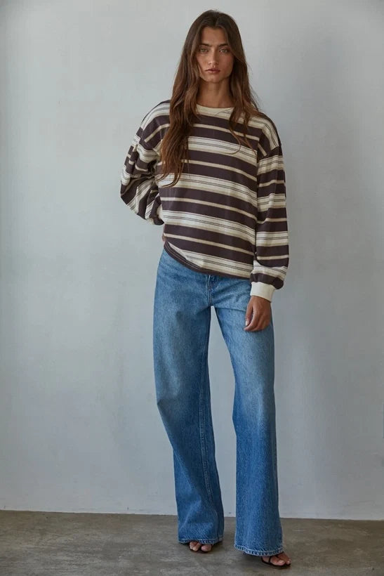 Knit Cotton Multi Striped Crew Neck Long Sleeve Top
