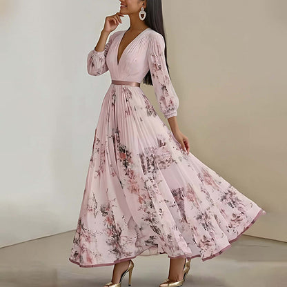 Floral Print V-Neck Pleated Dress