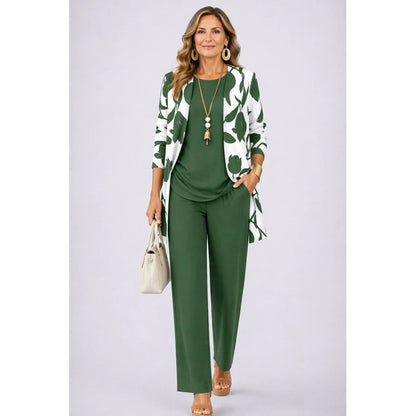 Womens Casual Printed Cardigan Long Sleeve Top and Pants Set