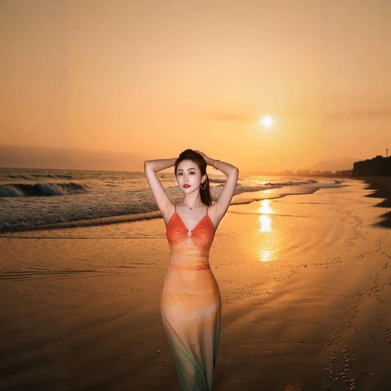Patchwork Beach Dress with Slimming Long Design