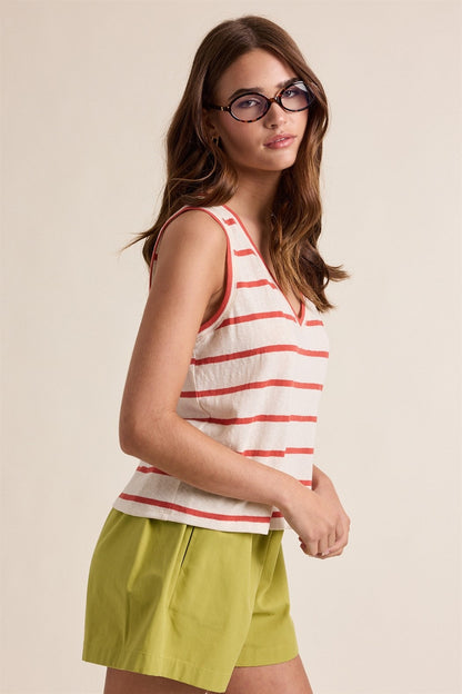 Striped Knit V-Neck Tank Top: Cherry