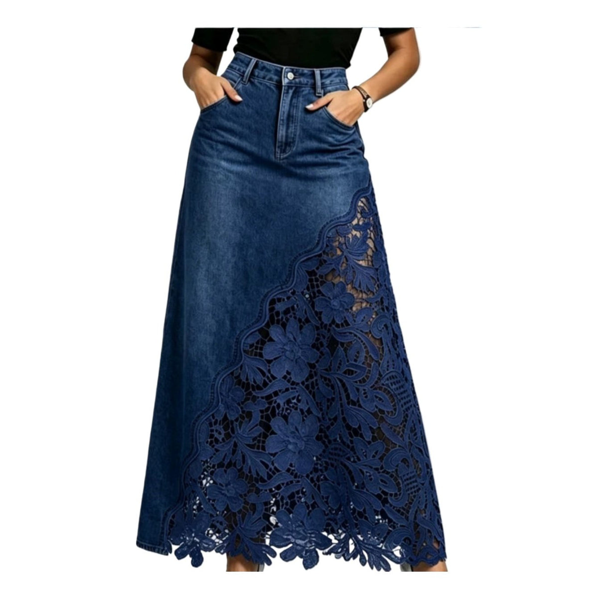 Lace Trim Denim Midi Skirt