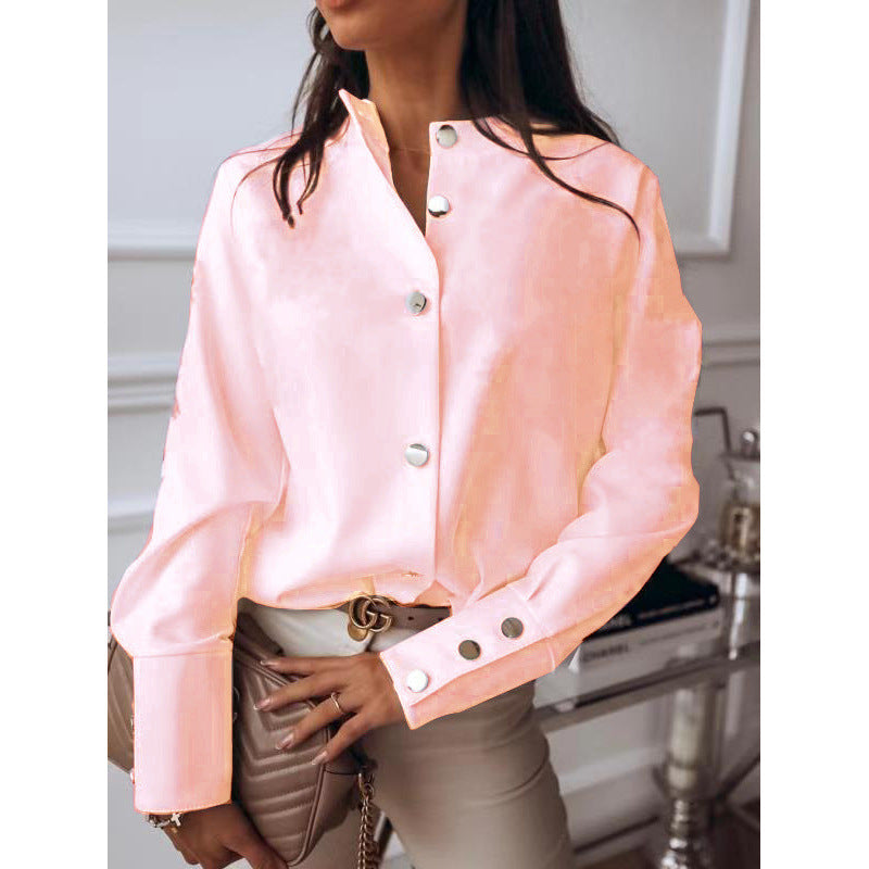 Womens Long Sleeve V-Neck Spliced Shirt with Metal Buttons