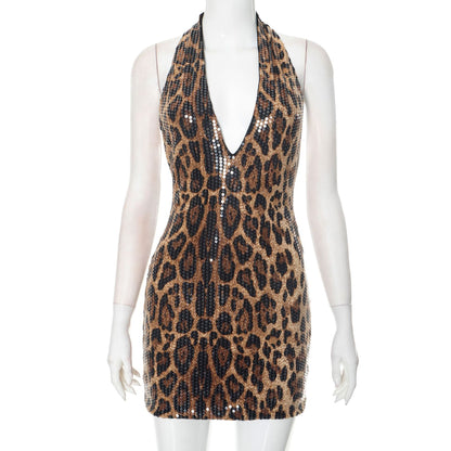 Halterneck Deep V Animal Print Sequin Sleeveless Backless Dress