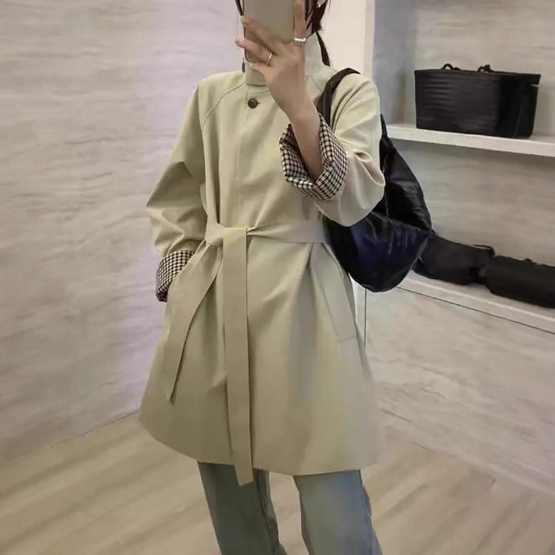 Cinched-waist mid-length trench coat