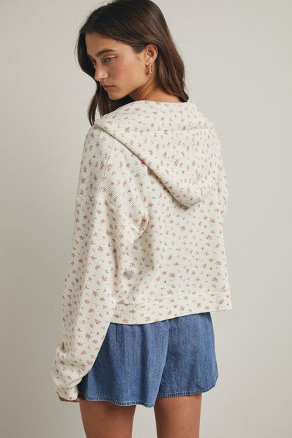 Floral Waffle Knit Hooded Jacket: Cream/Rose