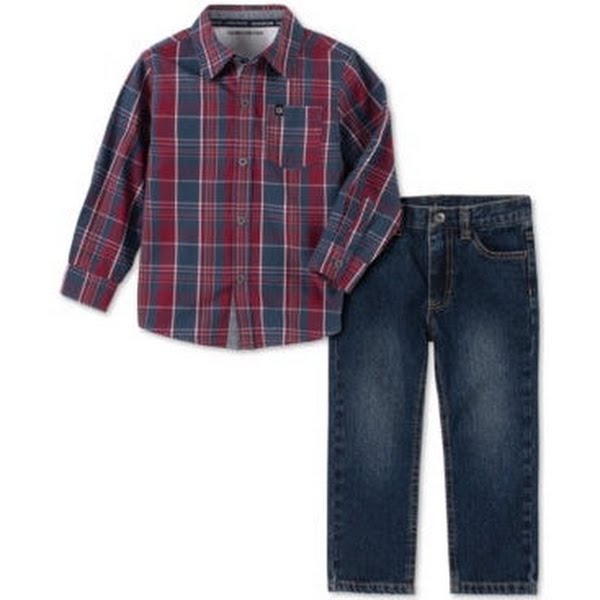 Calvin Klein Jeans Little Boys 2-Pc. Plaid Shirt &amp; Jeans Set, Size 4T