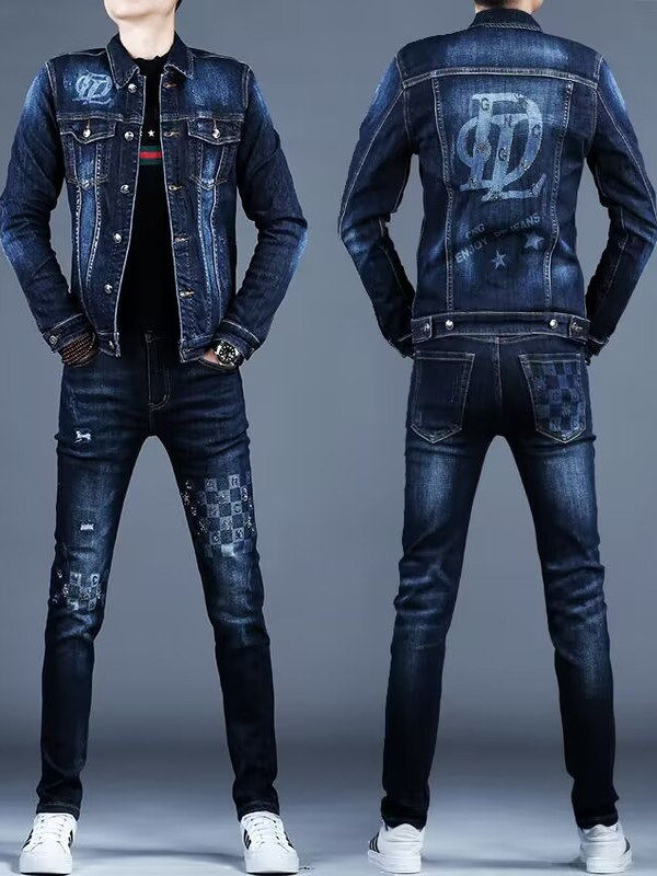 Slim-Fit Printed Denim Suit for Men