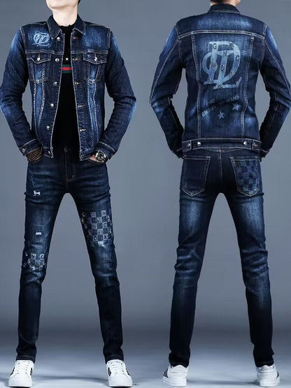Slim-Fit Printed Denim Suit for Men