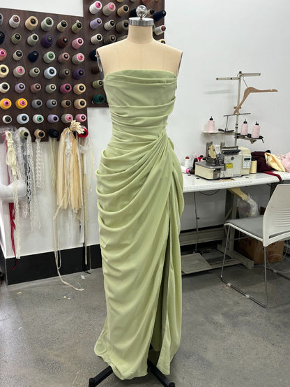 Sexy Slit Ruched Waist Strapless Long Dress