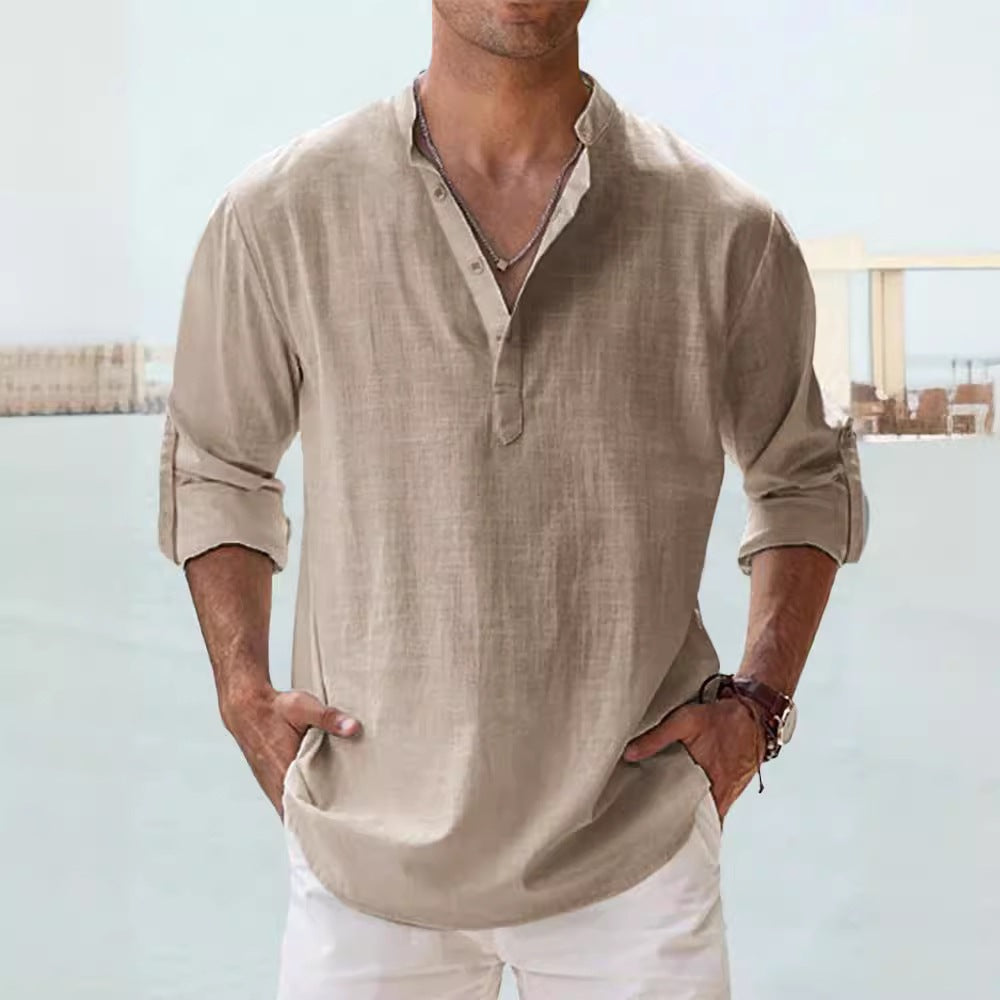 Mens Casual Stand Collar Long Sleeve Cotton Shirt