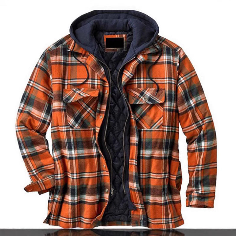 Mens Thickened Plaid Hooded Cotton Coat Long Sleeve Zipper Shirt Jacket