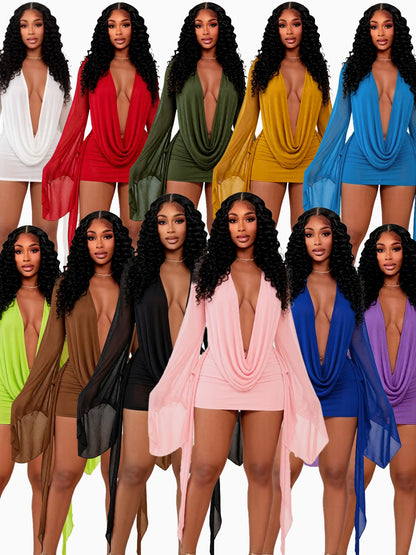 Womens Bell Sleeve Deep V Mesh Dress