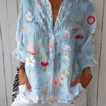 Floral Print Long Sleeve Womens Lapel Cardigan Shirt