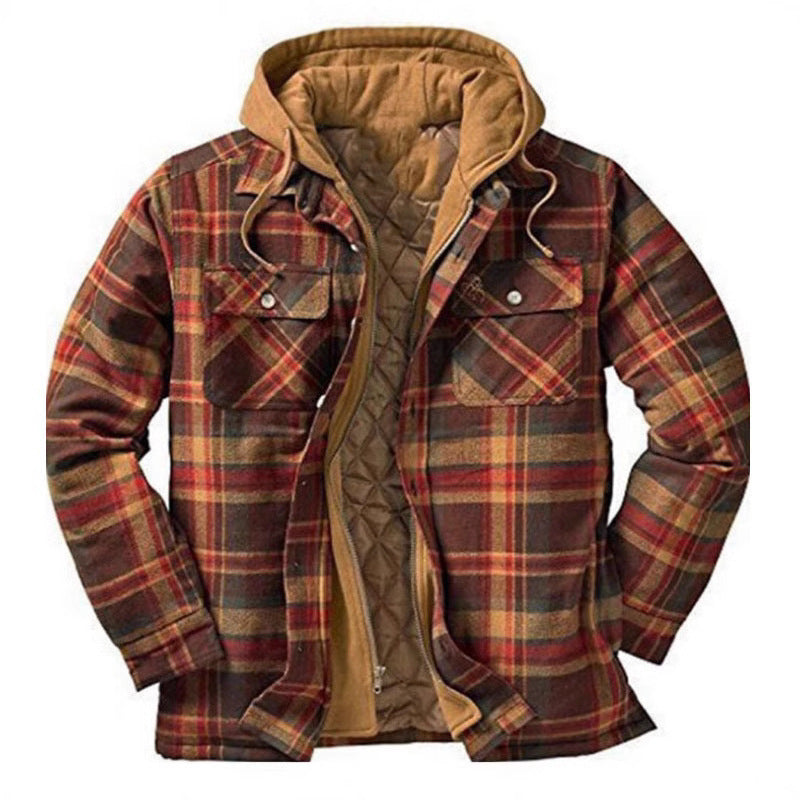 Mens Thickened Plaid Hooded Cotton Coat Long Sleeve Zipper Shirt Jacket