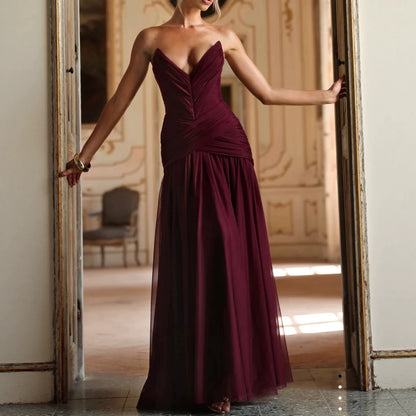 Womens Deep V-neck Mesh Evening Gown