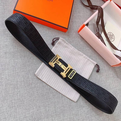 Hermès Black Leather Belt - Iconic Gold H Buckle for Men