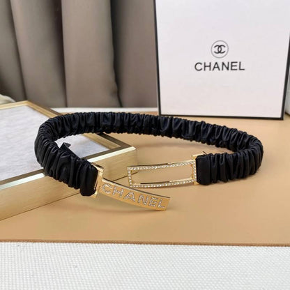 Chanel Logo Buckle Elastic Belt Leather with Metal and Crystals &