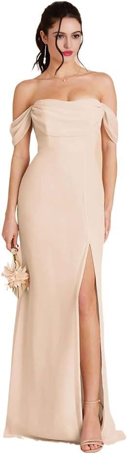 Convertible Off-Shoulder Long Evening Gown with Slit